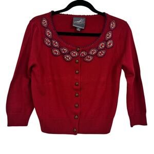 Knitted Dove Red Beaded Cardigan Sweater Womens L Cropped Preppy Coquette Boho